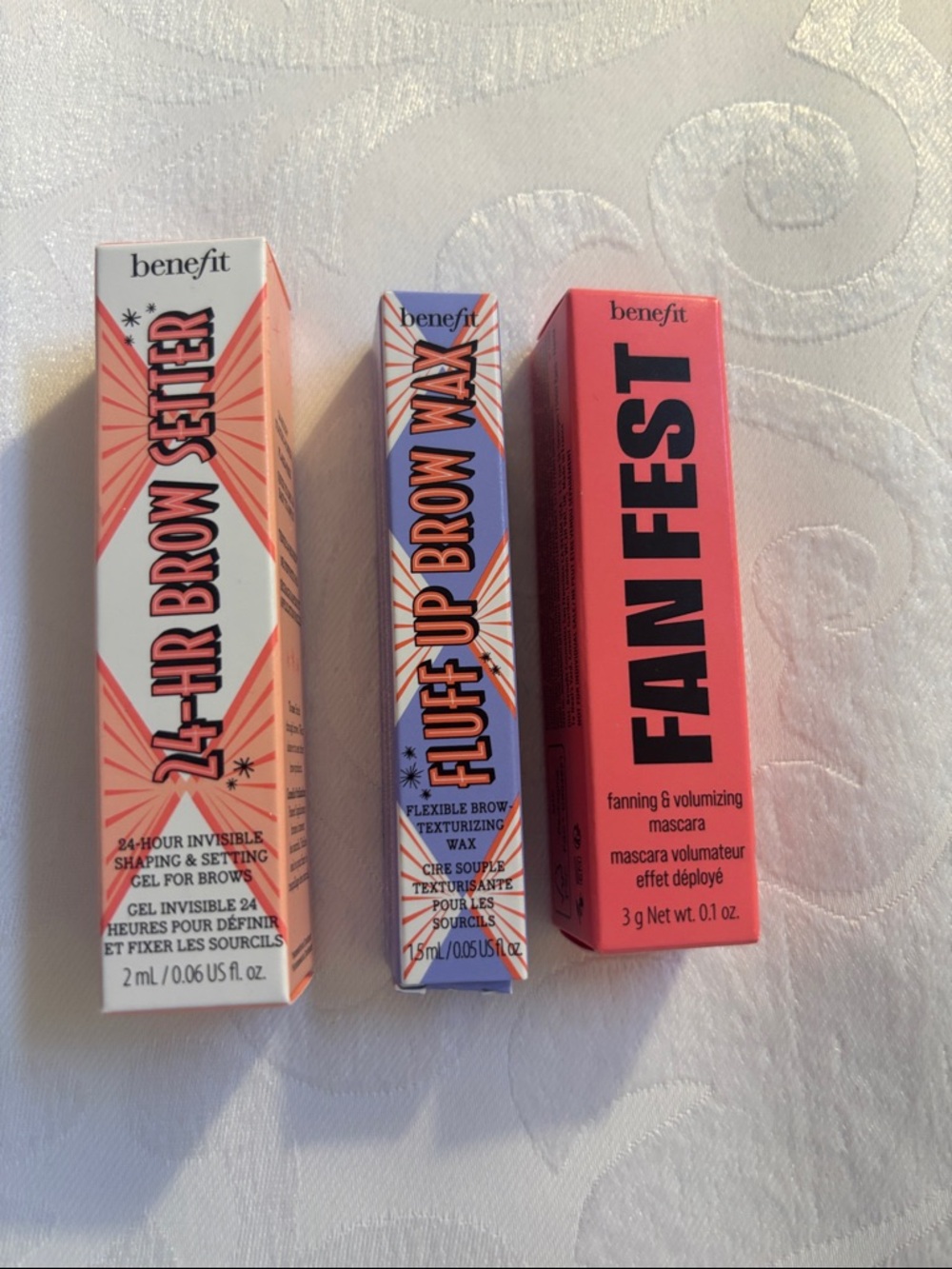 Benefit 24-hr brow setter, Benefit fluff up brow wax, Benefit Fan Fest mascara